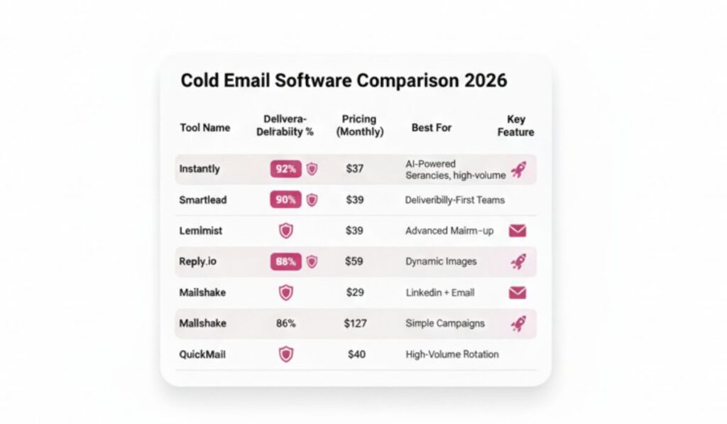 Blog 1 image 2 Comparison chart showing cold email software features including deliverability rates pricing and key capabilities for 2026